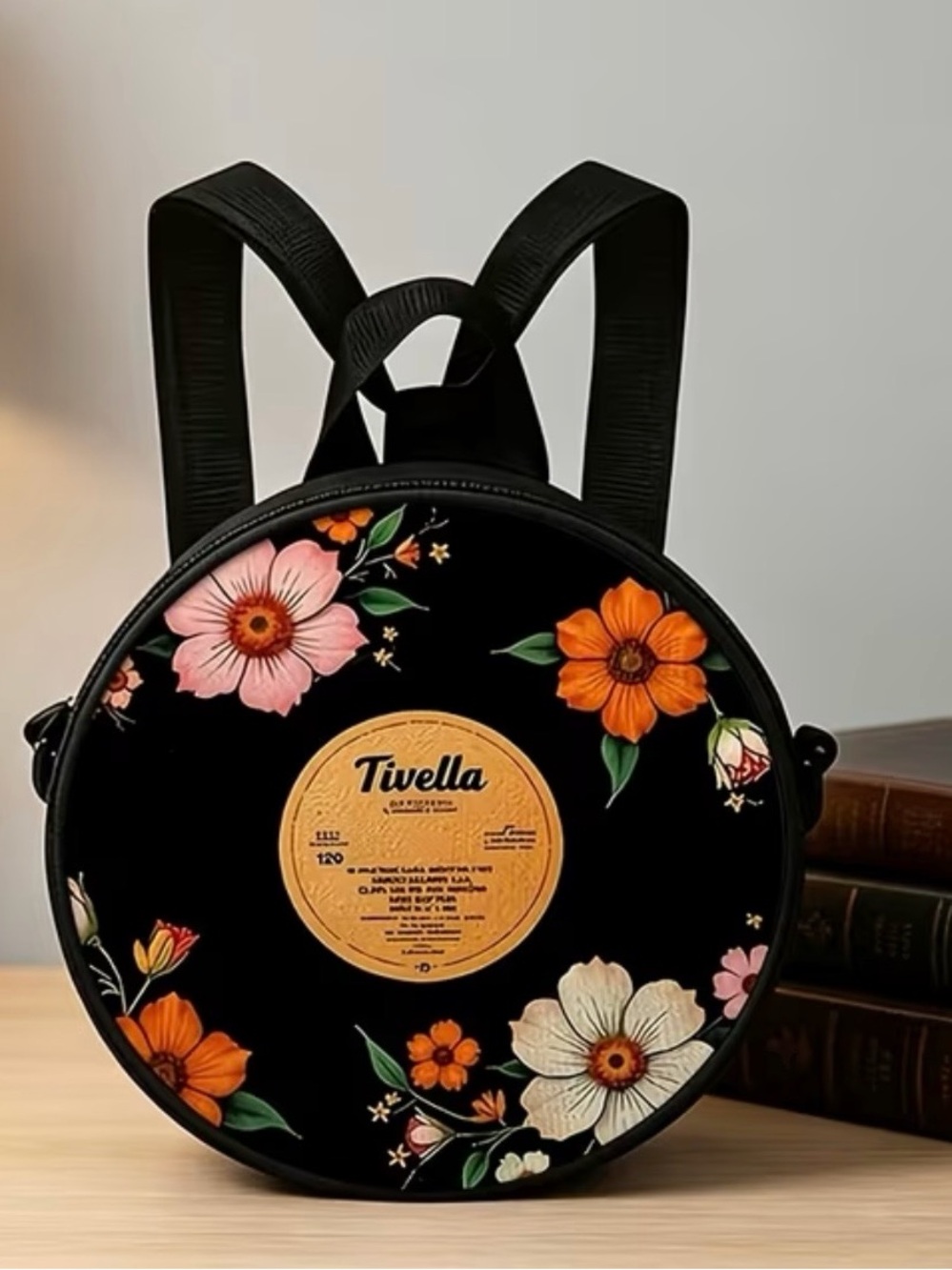 Kohl's Black Round Floral Vinyl Backpack with Pink & Orange Blooms